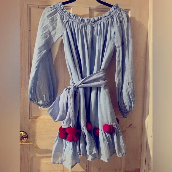blue pom pom dress Pastel Blue Pom Pom Slip Dress – Gabi Swimwear main image 0